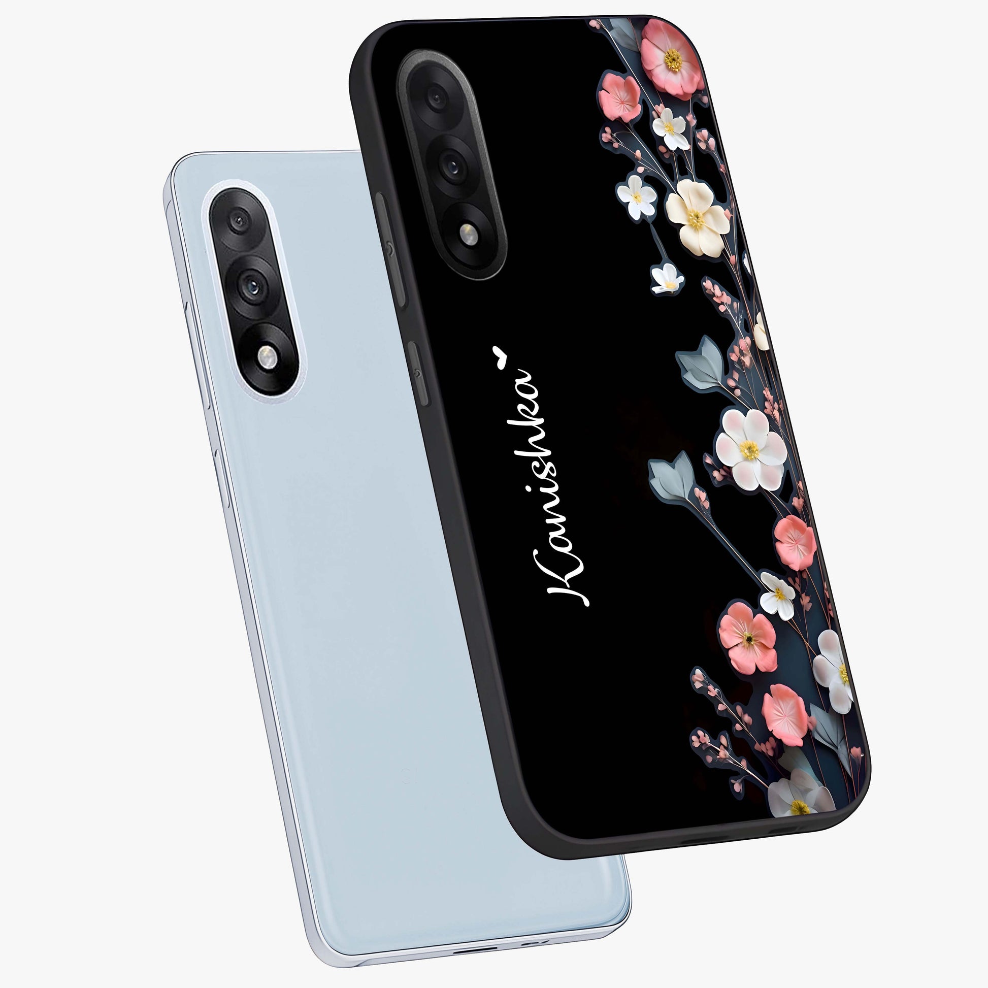 Black Elegance Floral Custom Name Glass Case for 1+Nord 5 angled mockup showcasing glossy finish and sophisticated black theme