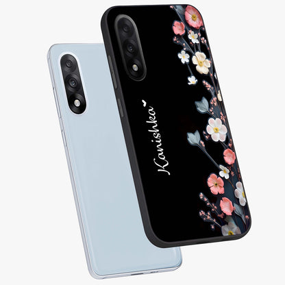 Black Elegance Floral Custom Name Glass Case for 1+Nord 5 angled mockup showcasing glossy finish and sophisticated black theme