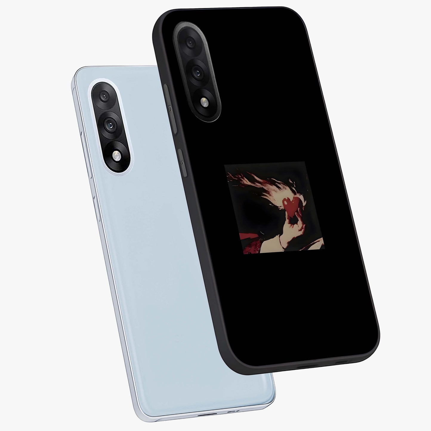 Blazing Heart Faith Glass Case for 1+Nord 5 captured at a warm angle highlighting bold flame tones, gloss, and edge clarity.