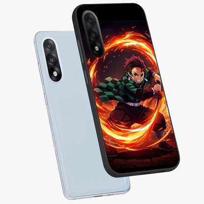 Blazing Sword Resolve Glass Case for 1+Nord 5 captured at a warm angle highlighting sharp fiery details, gloss, and edge clarity.