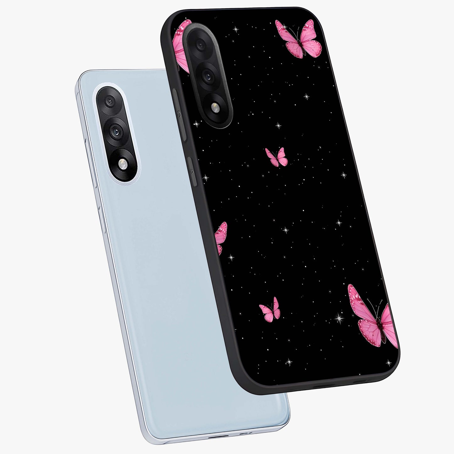 Blinking Butterfly Glass Case for 1+Nord 5 captured at a warm angle highlighting soft wing details, gloss, and edge clarity.