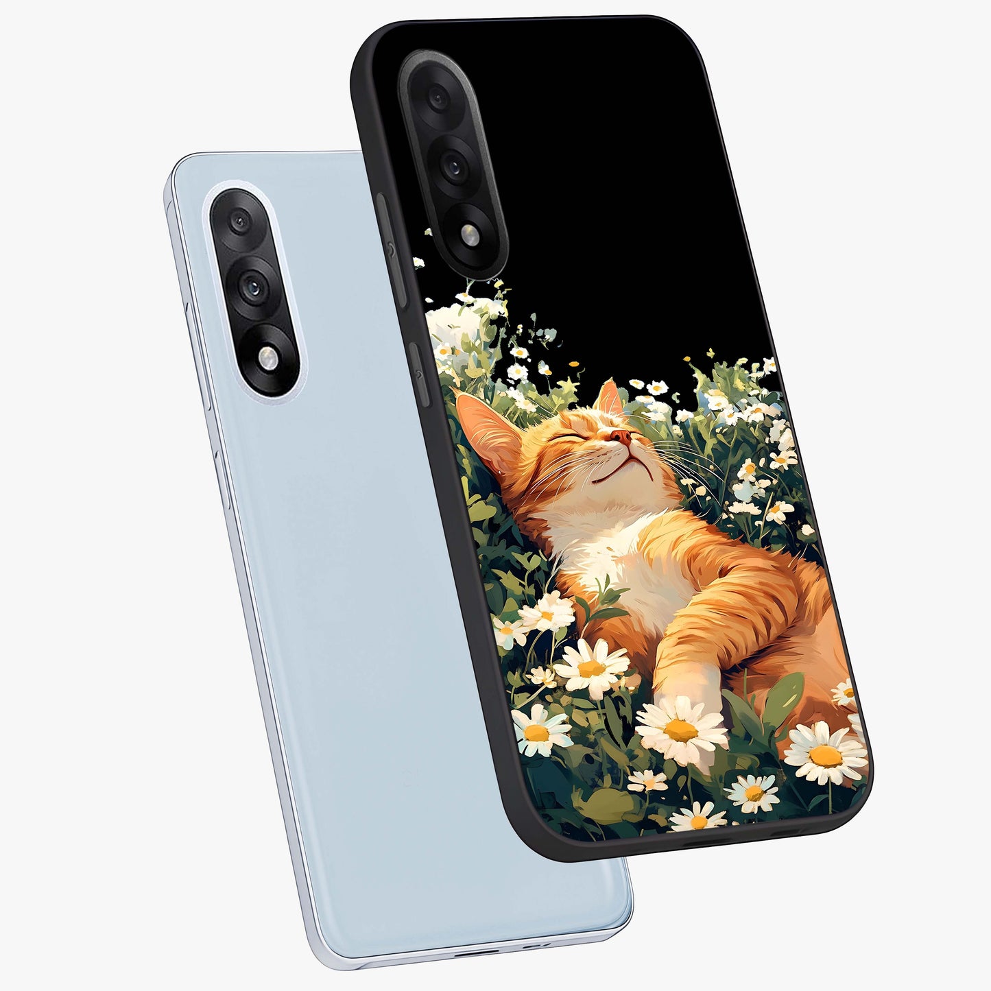 Blissful Bloom Cat Glass Case for 1+Nord 5 angled mockup showcasing glossy glass finish and vibrant bloom detailing