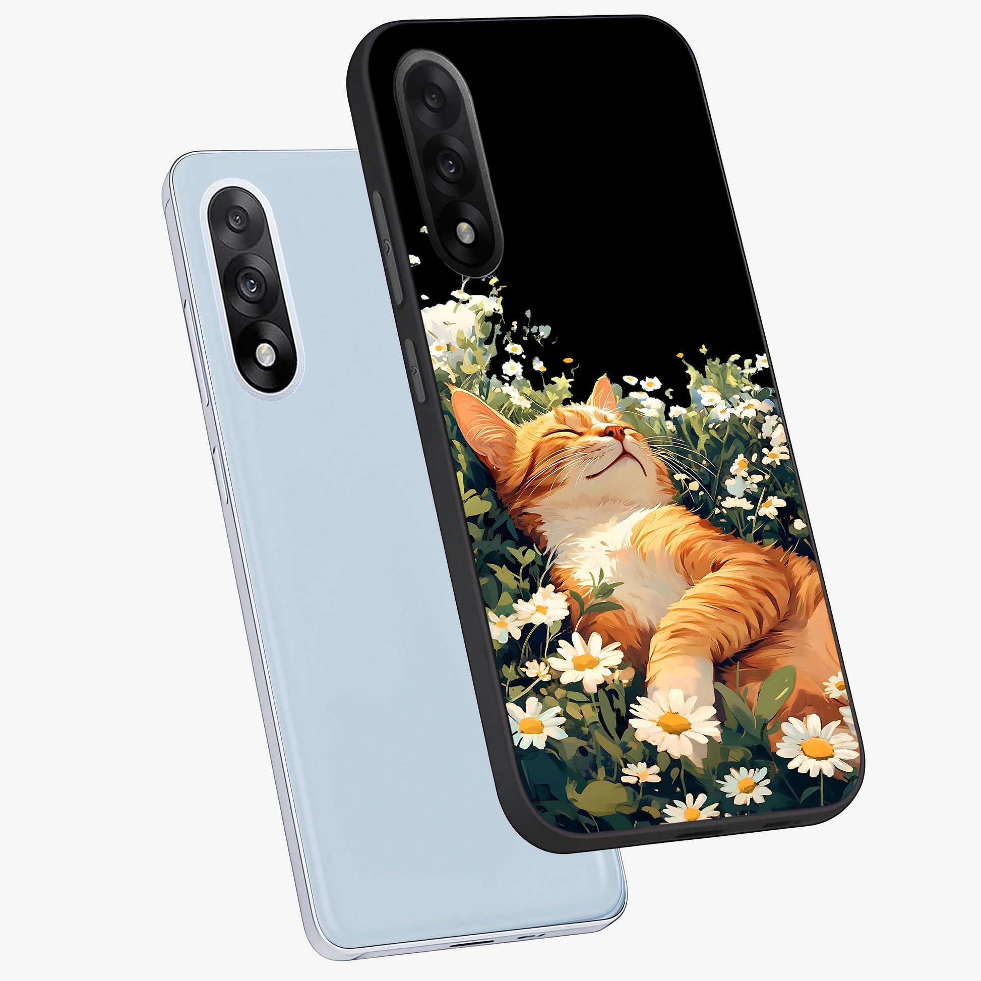 Blissful Bloom Cat Glass Case for 1+Nord 5 angled mockup showcasing glossy glass finish and vibrant bloom detailing