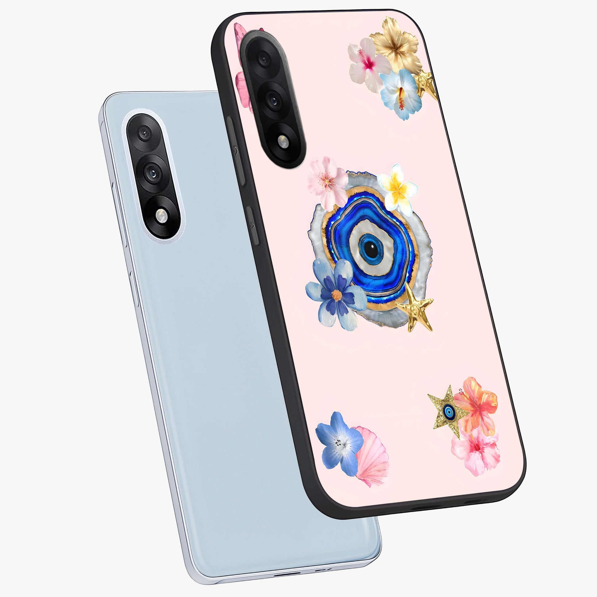 Blossom Evil Charm Glass Case for 1+Nord 5 angled mockup showcasing glossy finish and protective charm design