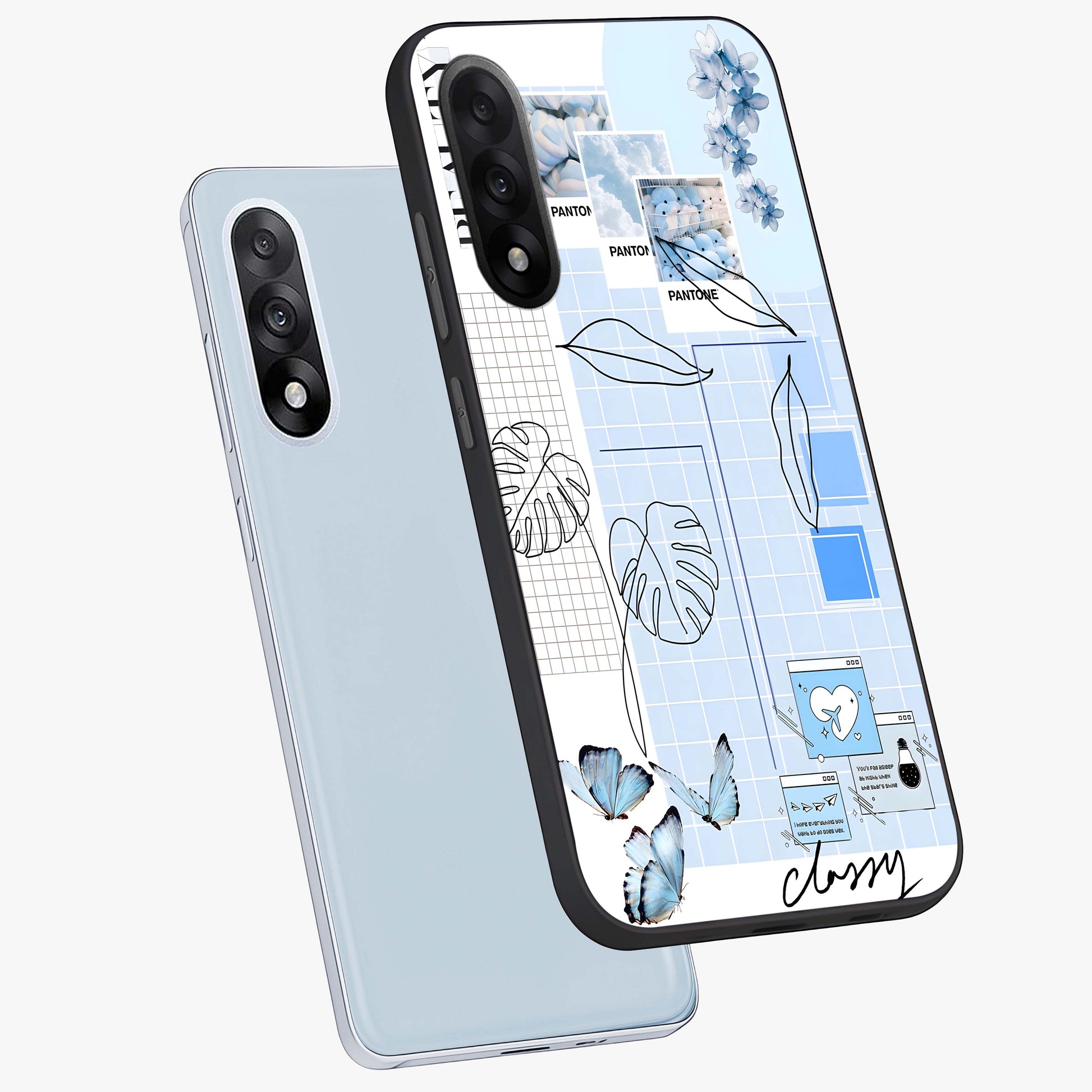 Blue Aesthetic Flower Glass Case for 1+Nord 5 angled mockup showcasing glossy finish and delicate bloom design