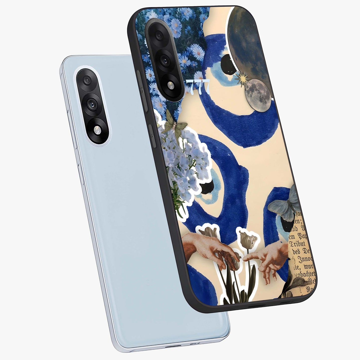 Blue Evil Divine Glass Case for 1+Nord 5 angled mockup showcasing glossy finish and striking blue symbol design