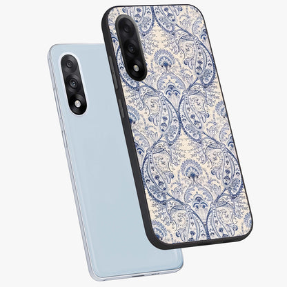 Blue Paisley Bloom Glass Case for 1+Nord 5 angled mockup showcasing glossy finish and detailed ornamental design