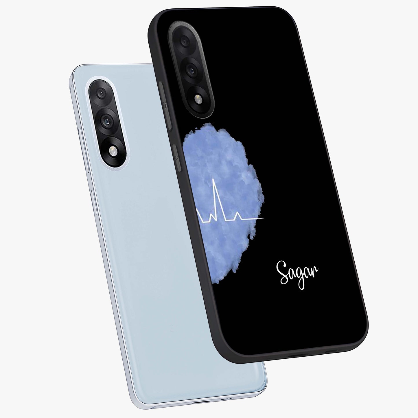 Blue Pulse Bond Glass Case for 1+Nord 5 angled mockup showcasing glossy glass finish and vibrant energy design