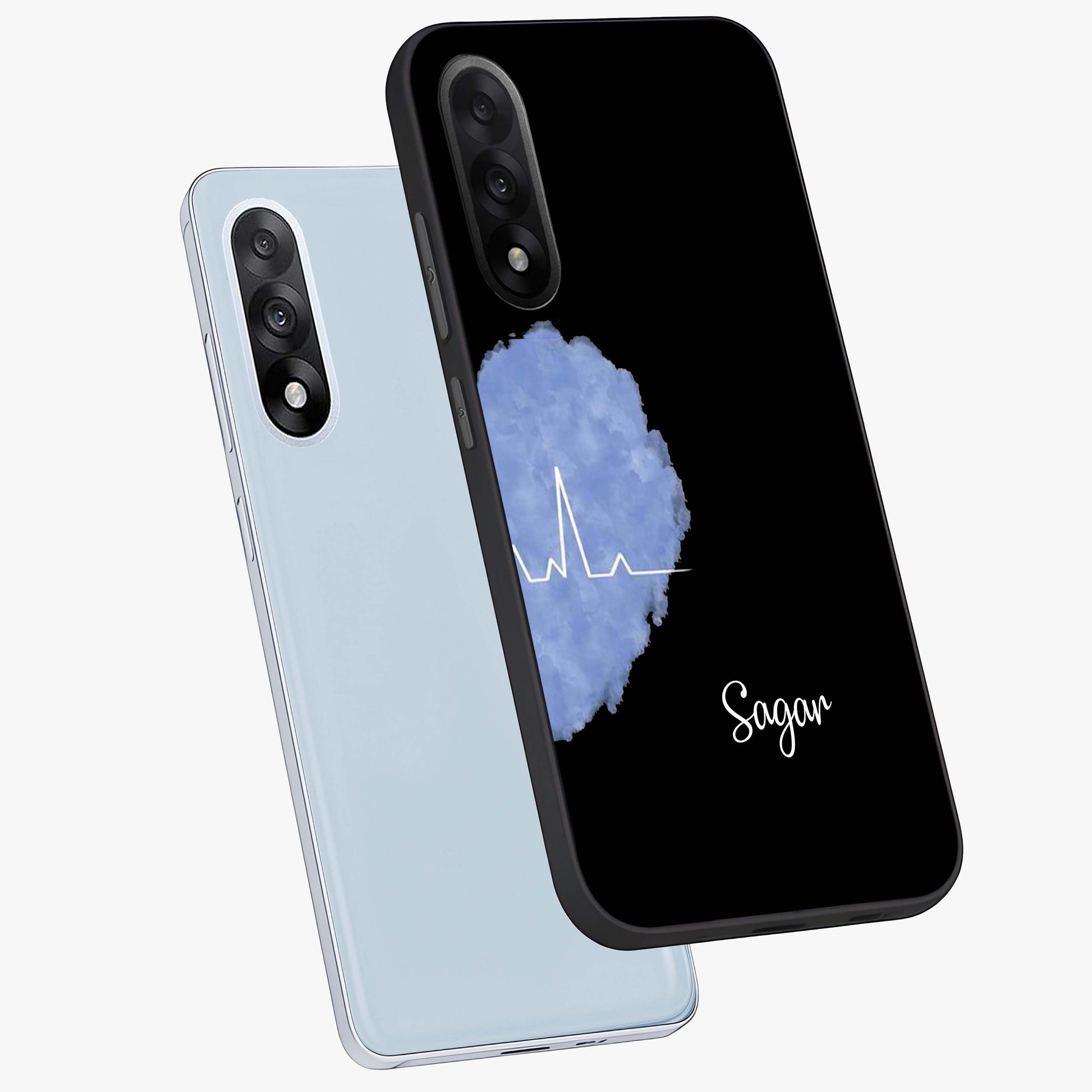 Blue Pulse Bond Glass Case for 1+Nord 5 angled mockup showcasing glossy glass finish and vibrant energy design