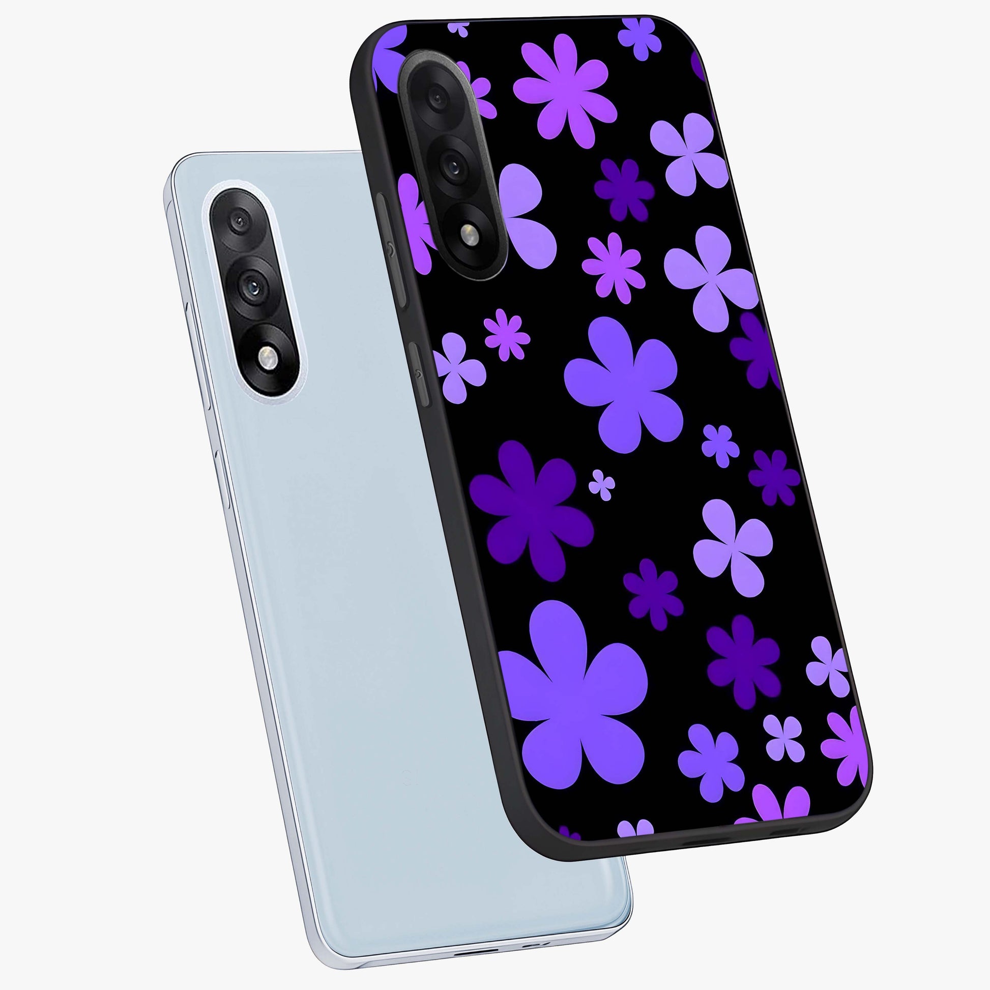 Blue Retro Pop Flowers Glass Case for 1+Nord 5 angled mockup showcasing glossy finish and playful pop flower design