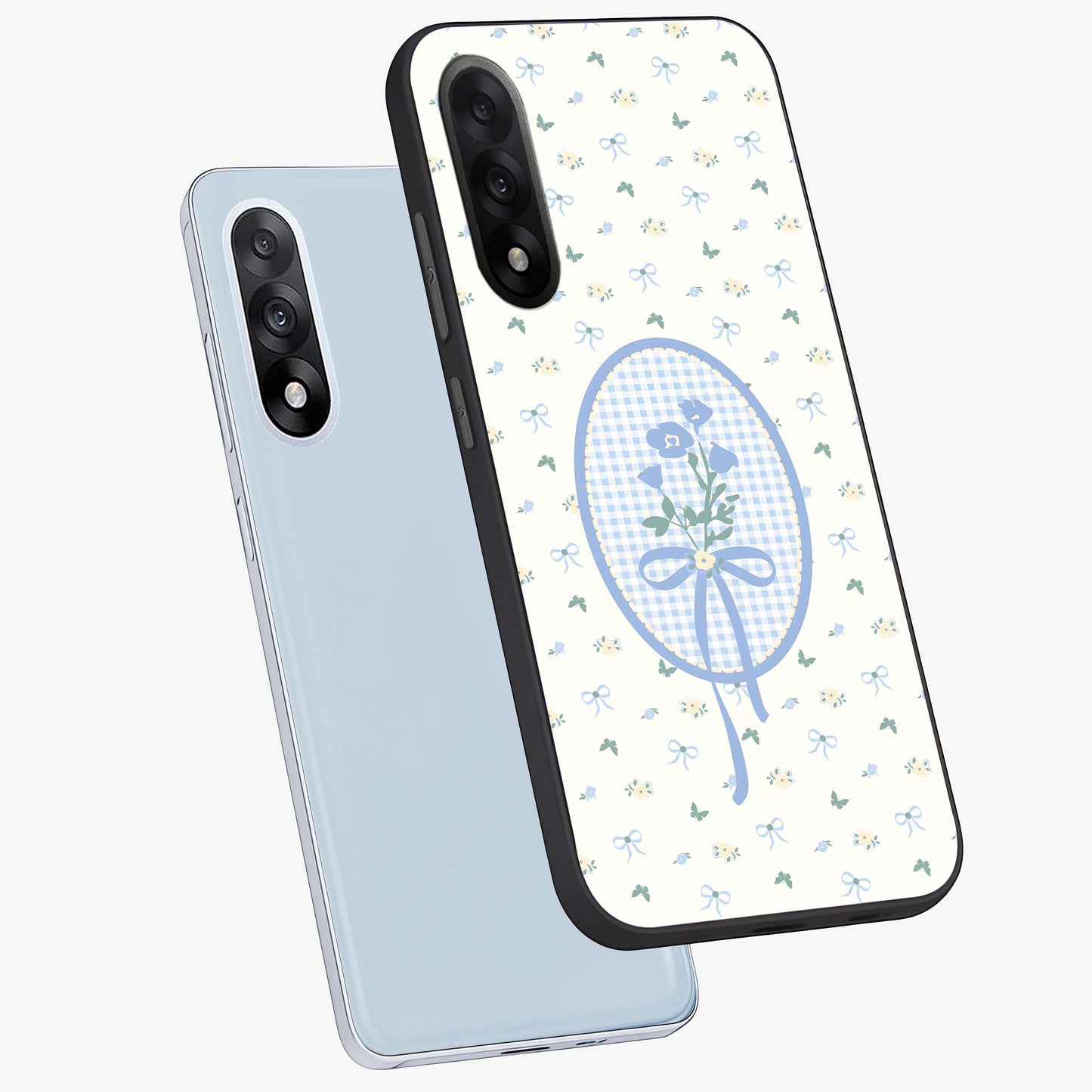 Blue Ribbon Bloom Glass Case for 1+Nord 5 angled mockup showcasing glossy finish and delicate bloom detailing