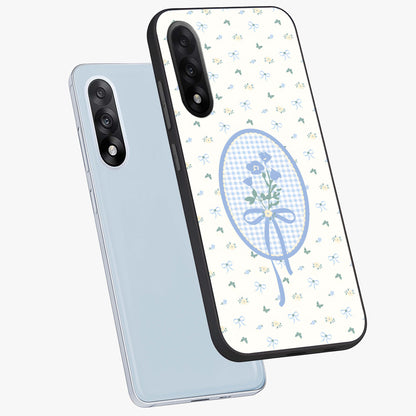 Blue Ribbon Bloom Glass Case for 1+Nord 5 angled mockup showcasing glossy finish and delicate bloom detailing