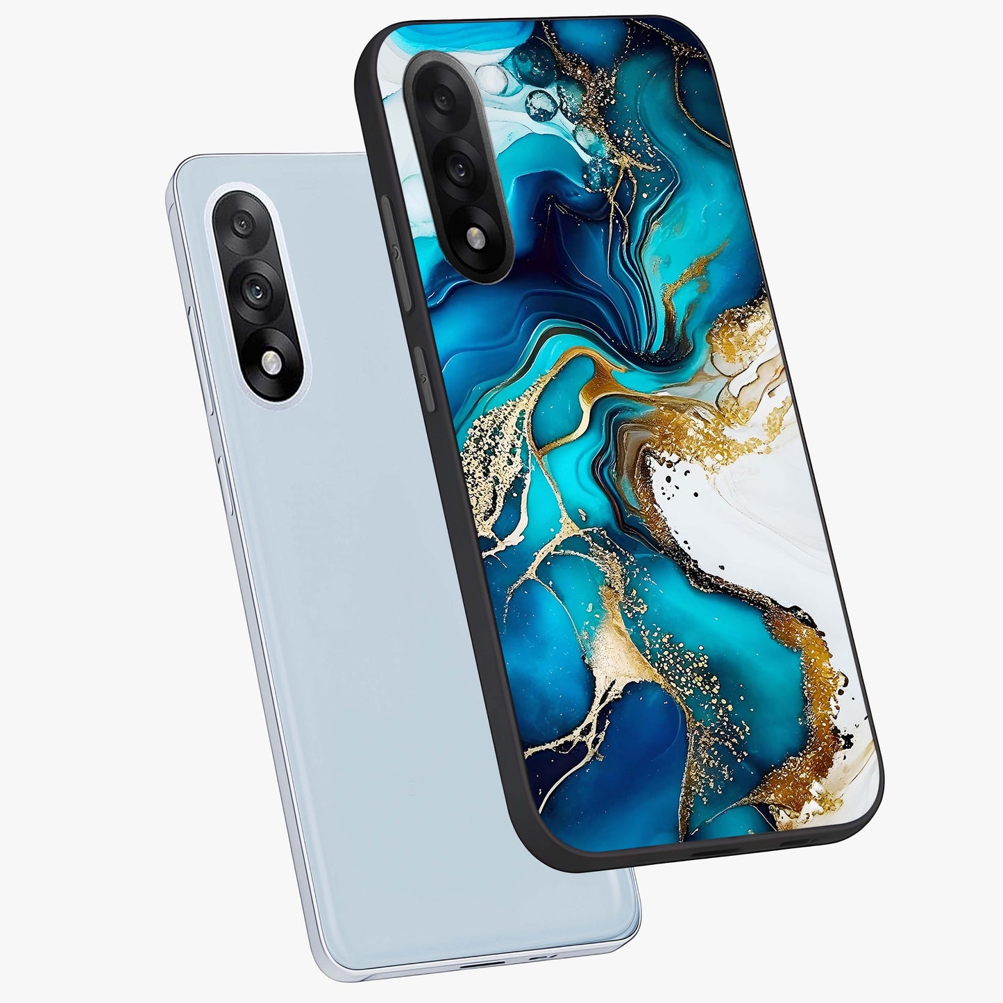 Blue and White Marble With Golden Viens Art Glass Case for 1+Nord 5 angled mockup showcasing glossy finish and premium marble pattern