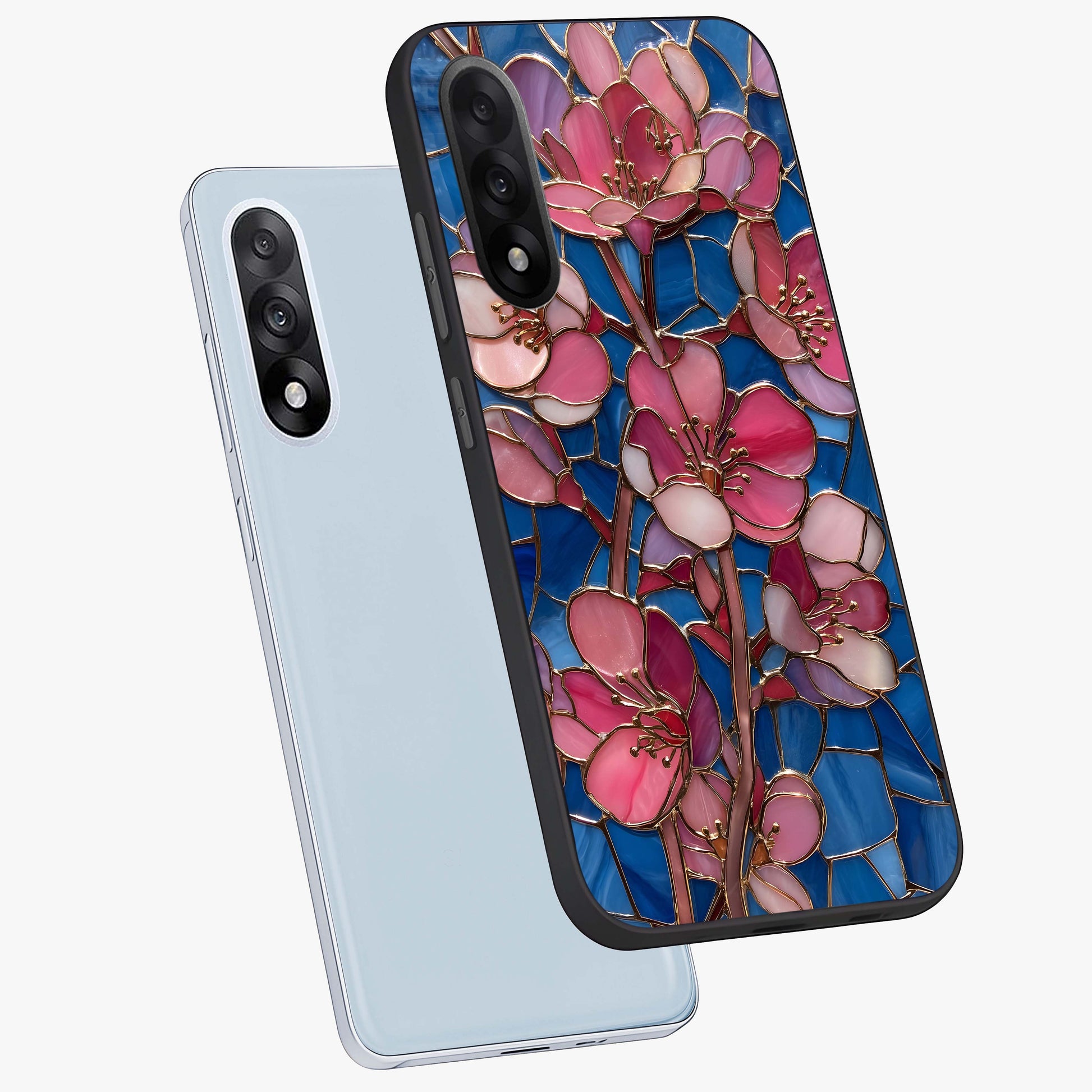 Blush Bloom Glass Case for 1+Nord 5 angled mockup showcasing glossy finish and elegant bloom design