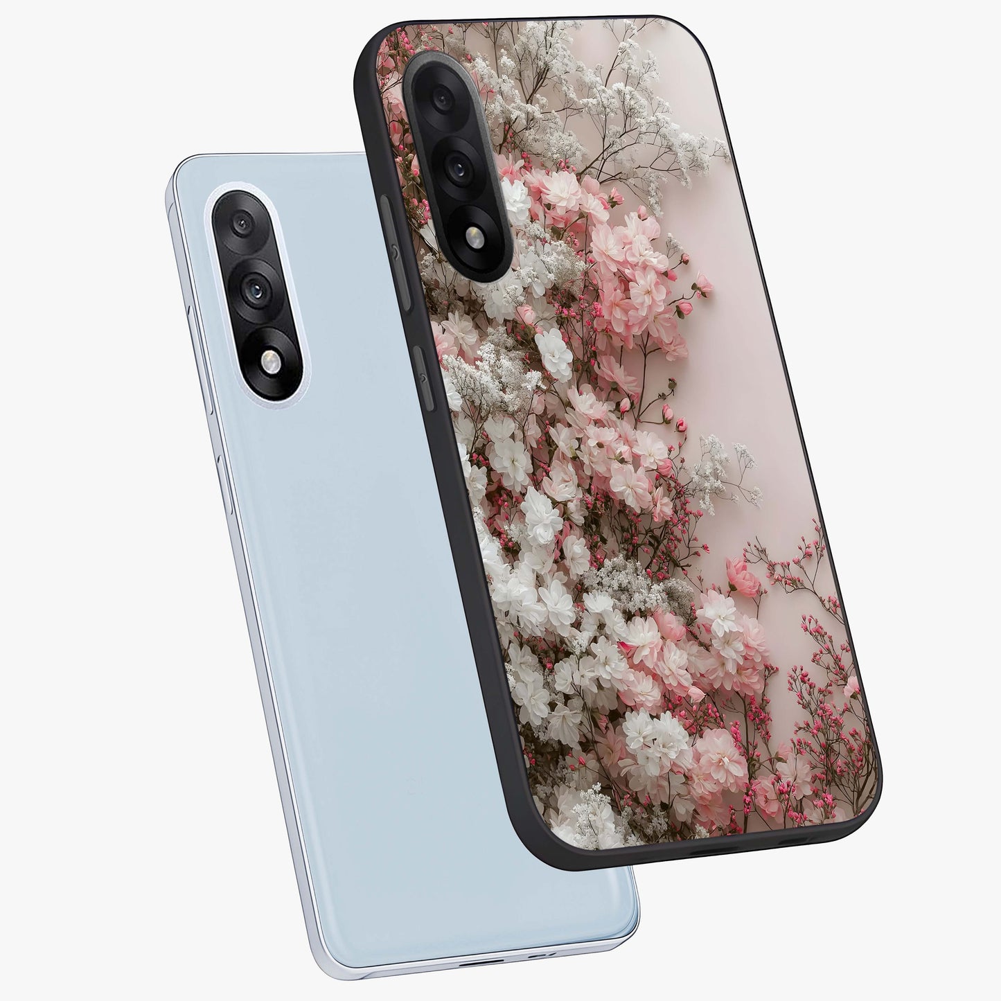 Blush Blossom Cloud Glass Case for 1+Nord 5 angled mockup showcasing glossy finish and pastel floral design