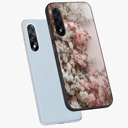 Blush Blossom Cloud Glass Case for 1+Nord 5 angled mockup showcasing glossy finish and pastel floral design