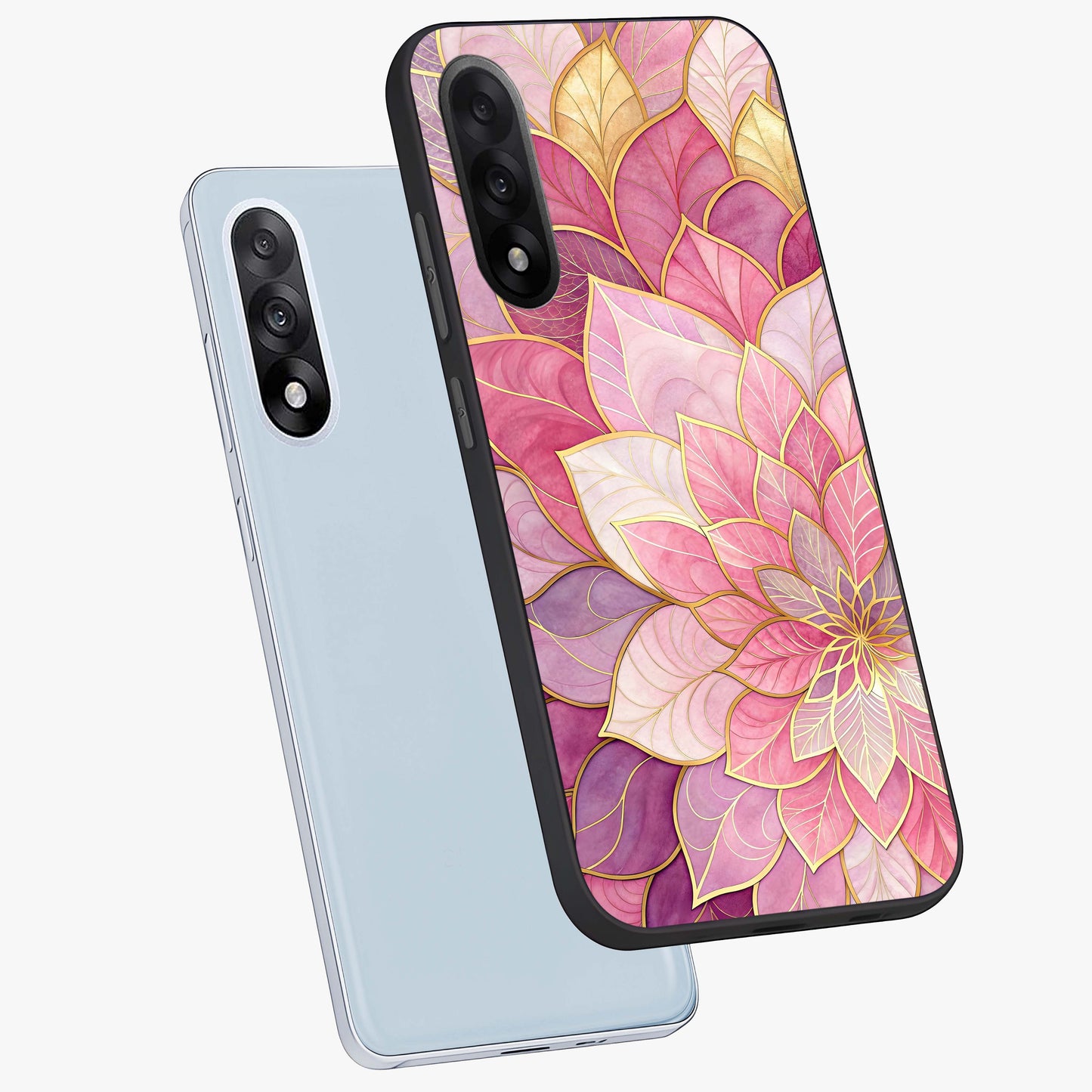 Blush Luxe Bloom Glass Case for 1+Nord 5 angled mockup showcasing glossy finish and premium bloom design