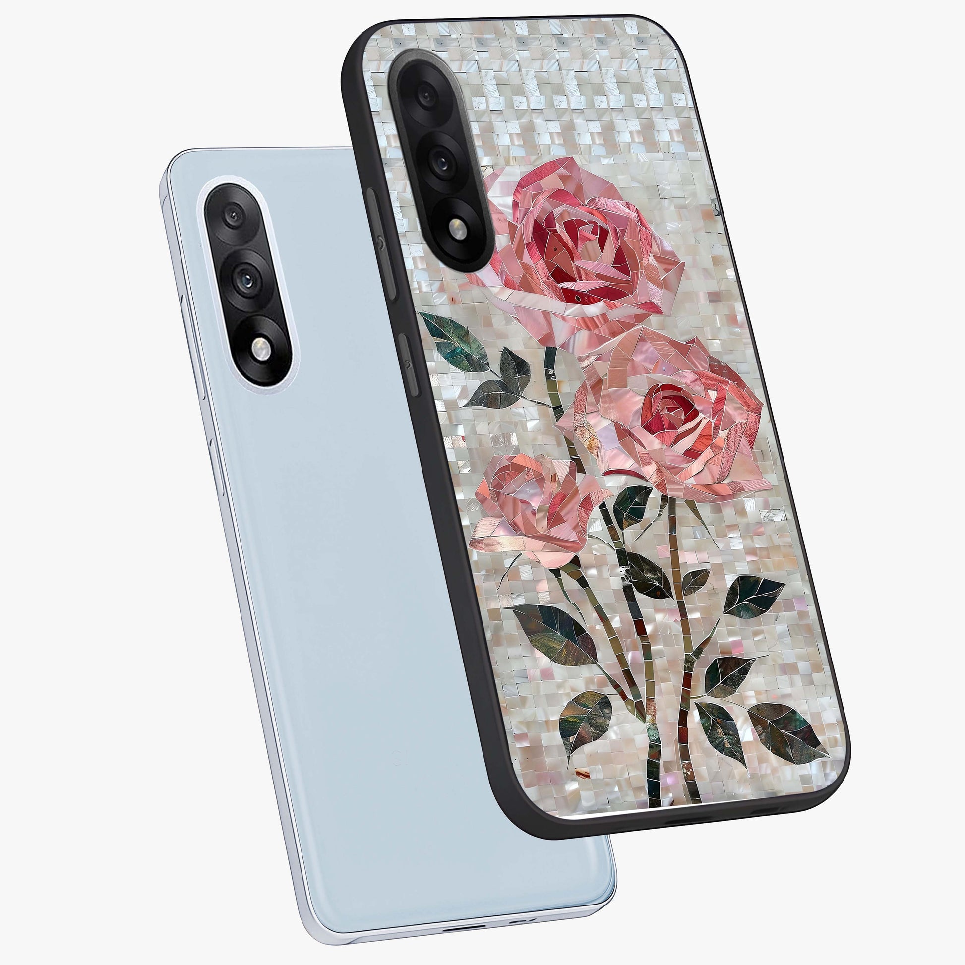 Blush Mosaic Bloom Glass Case for 1+Nord 5 angled mockup showcasing glossy finish and detailed mosaic patterns