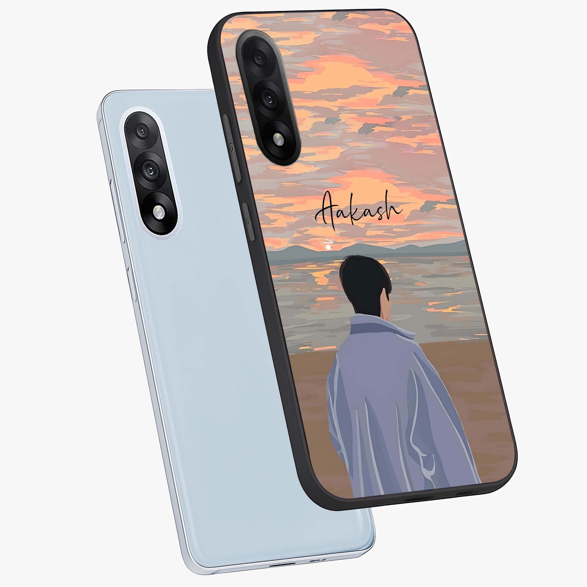 Boy Facing Sunset Beach Glass Case for 1+Nord 5 angled mockup showcasing glossy finish and warm beach tones