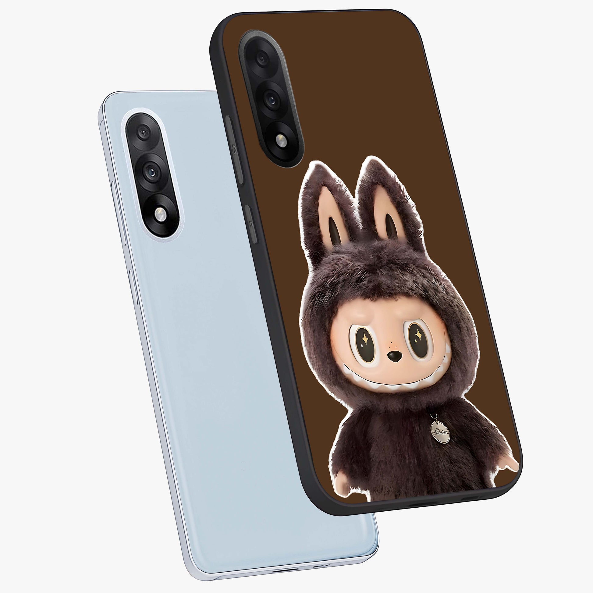 Brown Labubu Design Glass Case for 1+Nord 5 angled mockup showcasing glossy finish and detailed cartoon illustration