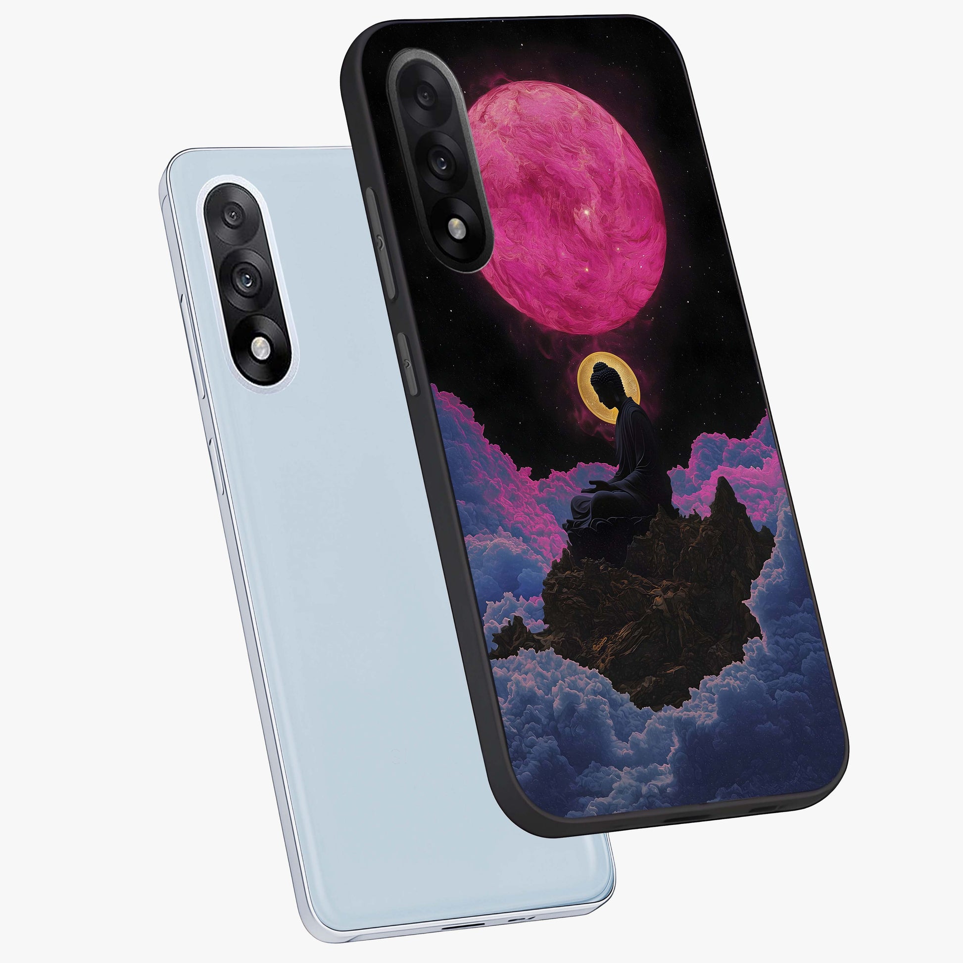 Buddha and Planets Glass Case for 1+Nord 5 angled mockup showcasing glossy finish and spiritual cosmic design