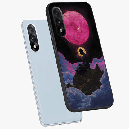 Buddha and Planets Glass Case for 1+Nord 5 angled mockup showcasing glossy finish and spiritual cosmic design