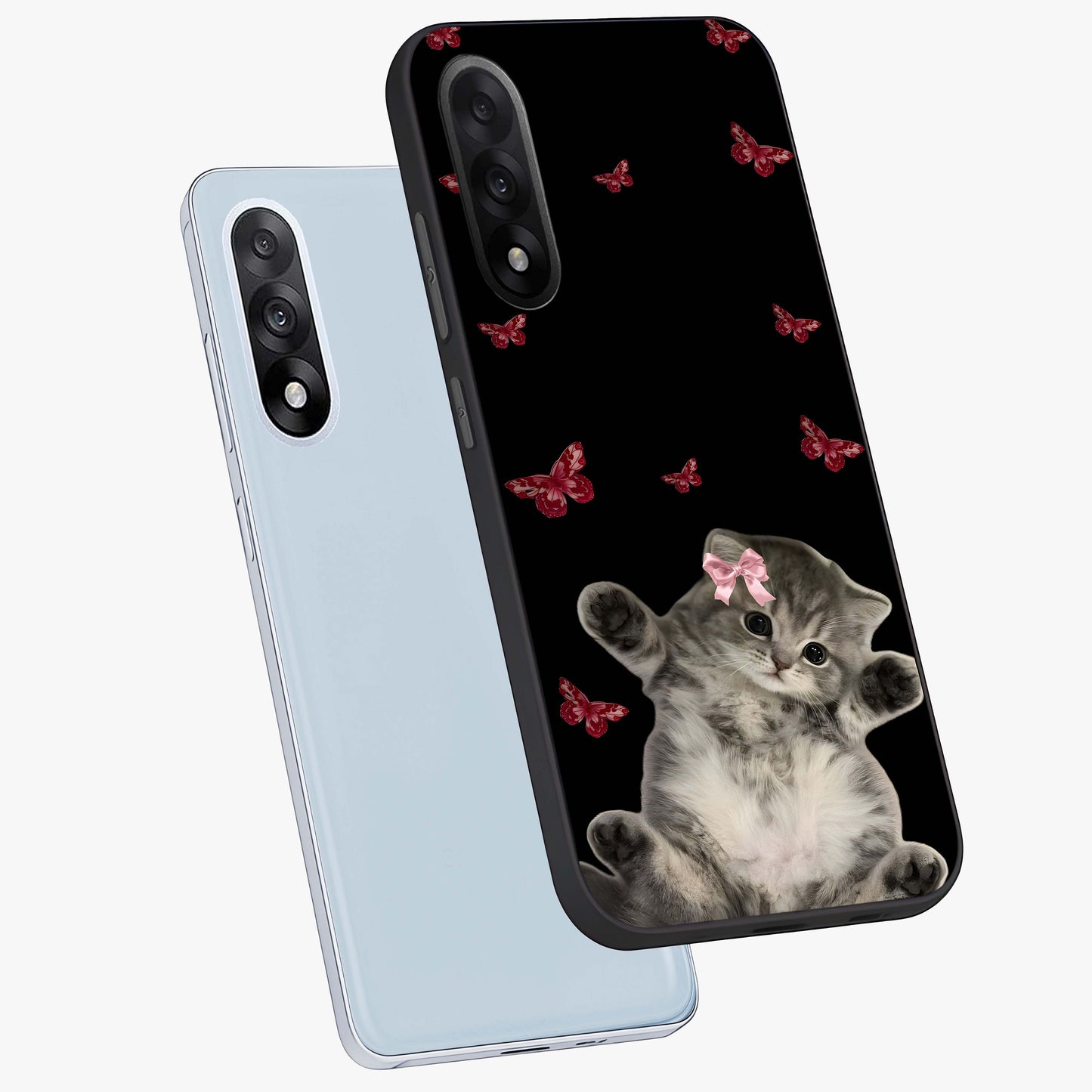 Butterfly Cat Bliss Glass Case for 1+Nord 5 angled mockup showcasing glossy finish and soft pastel tones