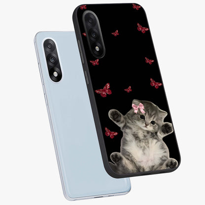 Butterfly Cat Bliss Glass Case for 1+Nord 5 angled mockup showcasing glossy finish and soft pastel tones