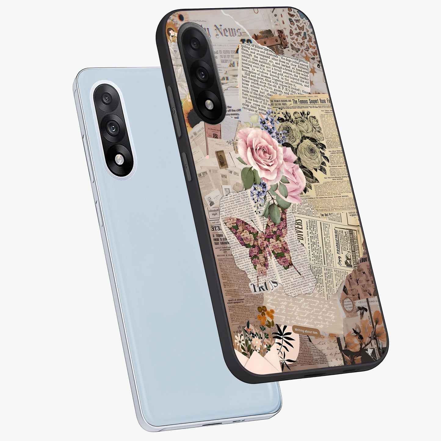Butterfly News Bloom Glass Case for 1+Nord 5 angled mockup showcasing glossy finish and vibrant nature design