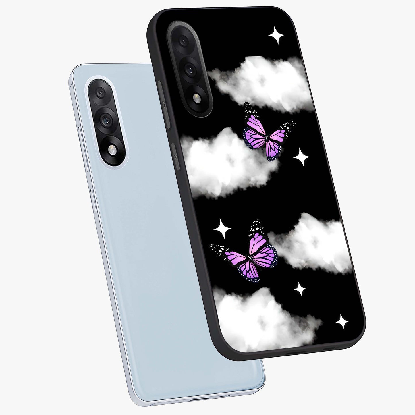 Butterfly Night Drift Glass Case for 1+Nord 5 angled mockup showcasing glossy finish and deep midnight gradients