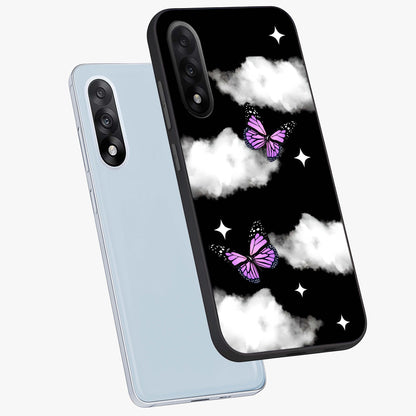 Butterfly Night Drift Glass Case for 1+Nord 5 angled mockup showcasing glossy finish and deep midnight gradients