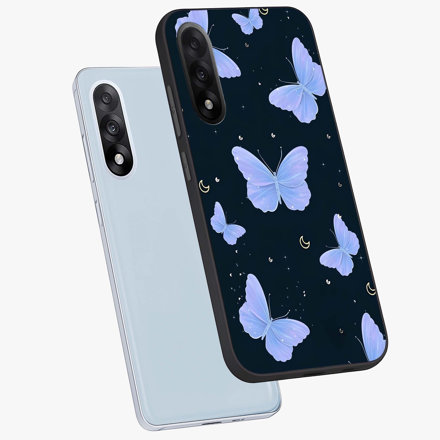 Butterfly With Stars Pattern Glass Case for 1+Nord 5 angled mockup showcasing glossy finish and celestial inspired design