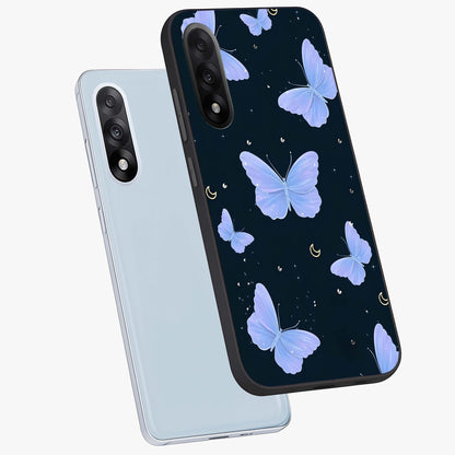 Butterfly With Stars Pattern Glass Case for 1+Nord 5 angled mockup showcasing glossy finish and celestial inspired design