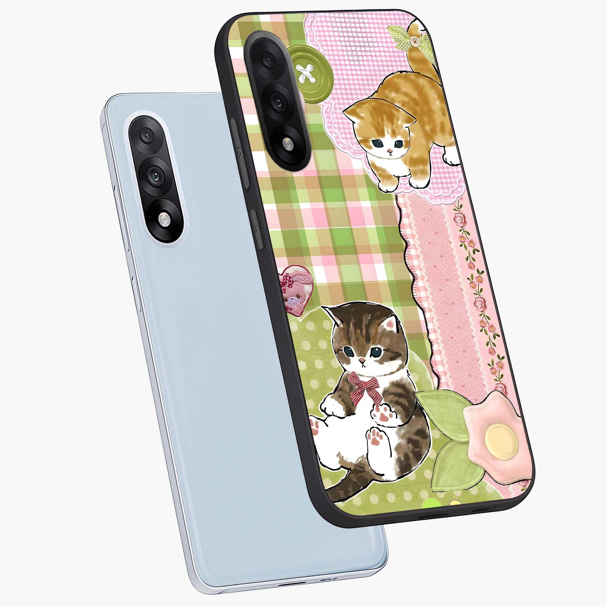 Cats Sweet Button Glass Case for 1+Nord 5 angled mockup showcasing glossy finish and charming character design