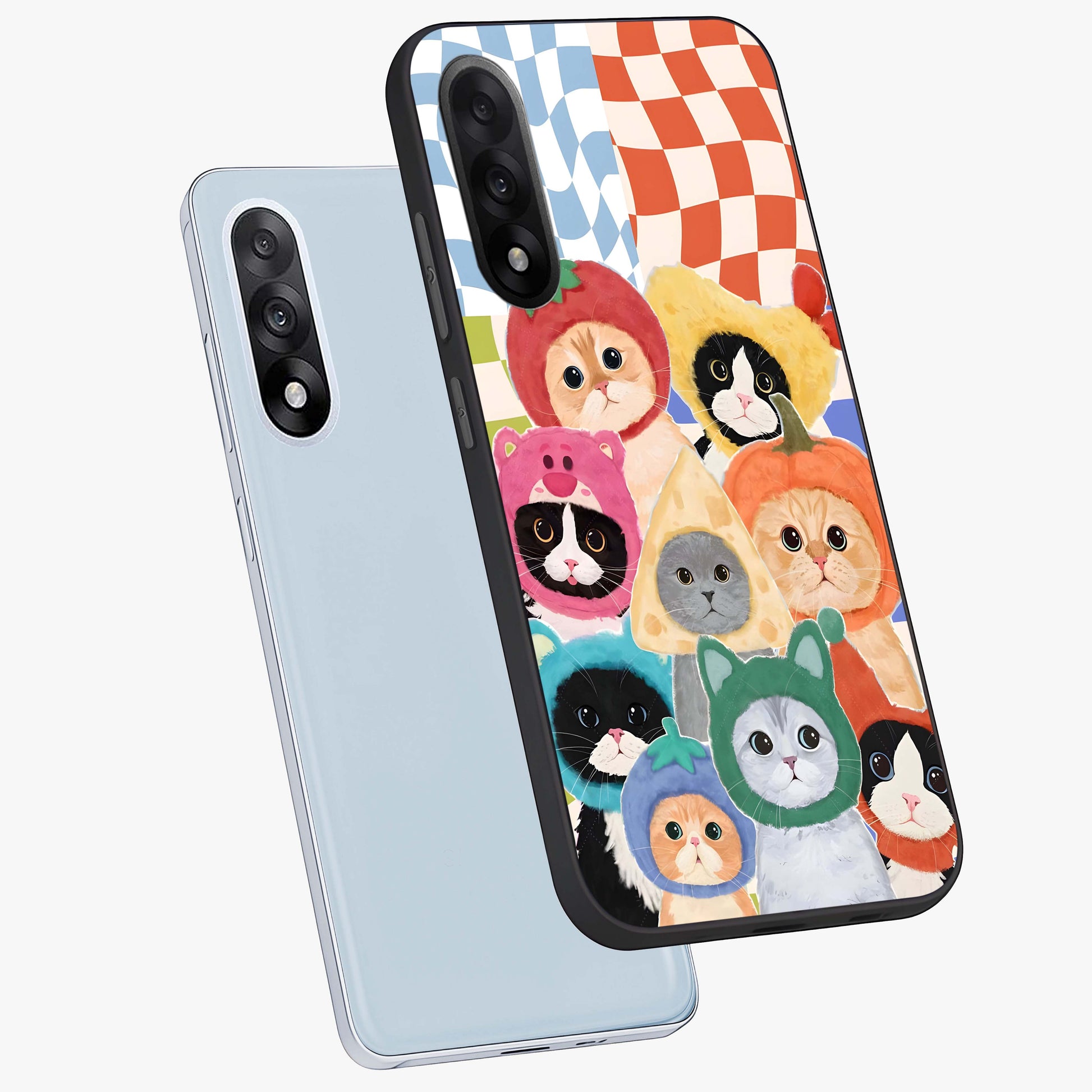 Cats in Fruits Glass Case for 1+Nord 5 angled mockup showcasing glossy finish and colorful aesthetic design