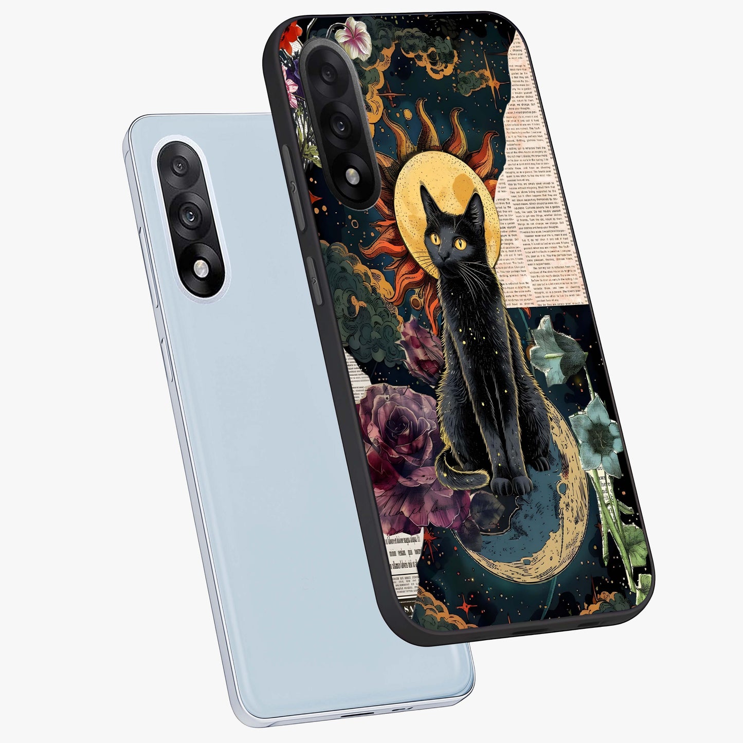 Celestial Black Cat Glass Case for 1+Nord 5 angled mockup showcasing glossy finish and celestial glow detailing