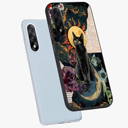 Celestial Black Cat Glass Case for 1+Nord 5 angled mockup showcasing glossy finish and celestial glow detailing