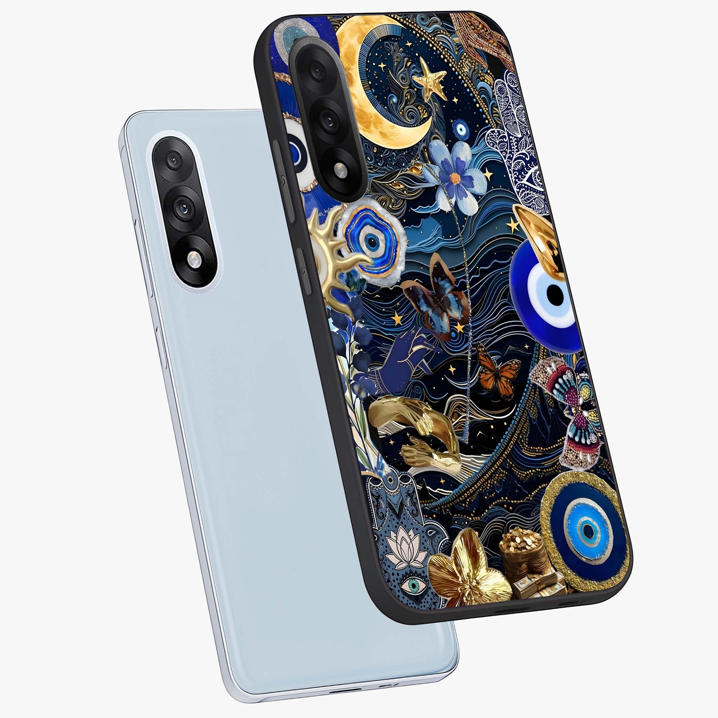 Celestial Blessing Shield Glass Case for 1+Nord 5 angled mockup showcasing glossy finish and divine design elements
