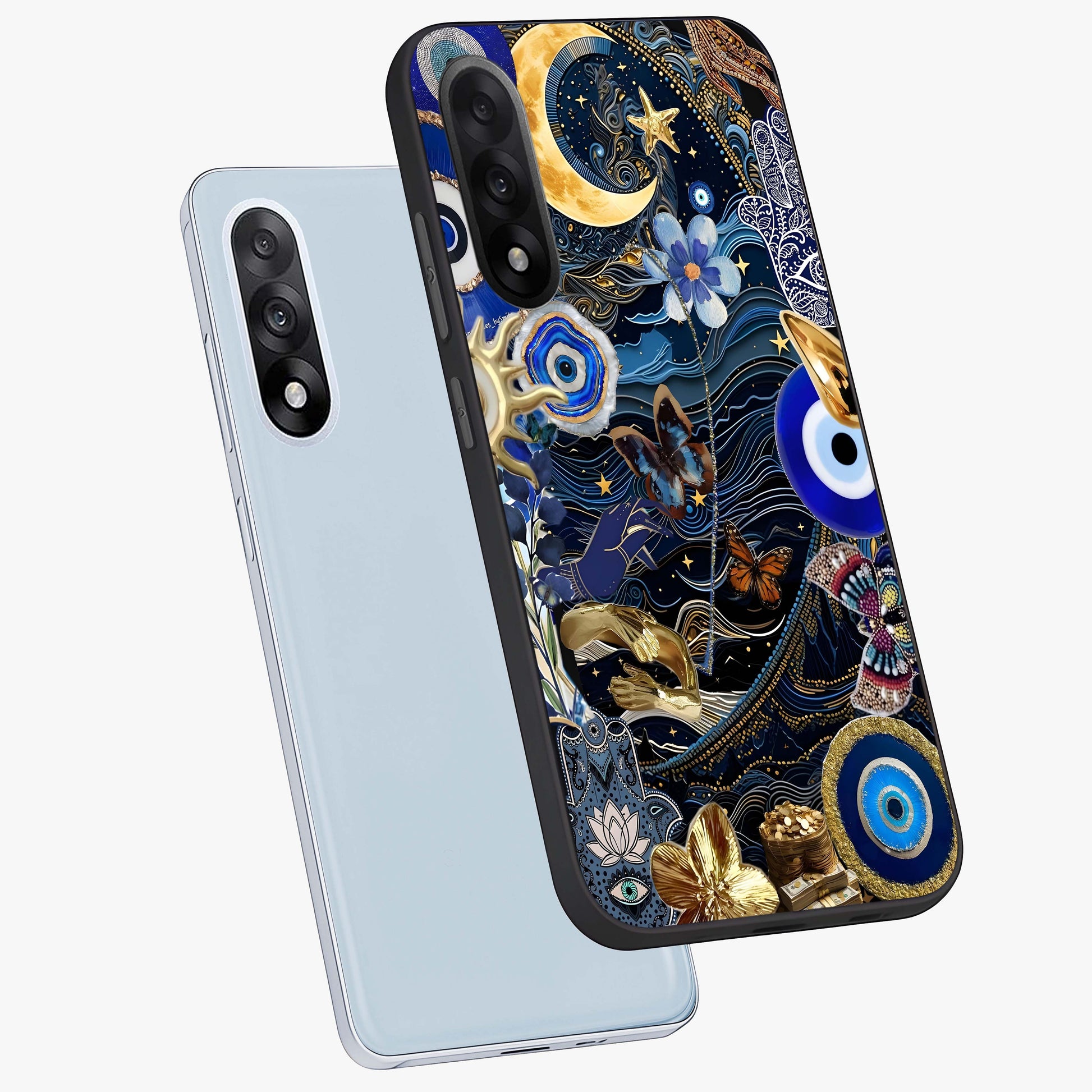 Celestial Blessing Shield Glass Case for 1+Nord 5 angled mockup showcasing glossy finish and divine design elements