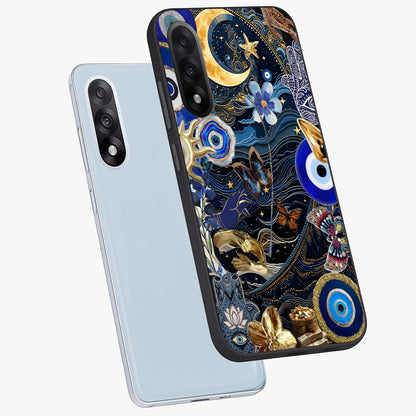 Celestial Blessing Shield Glass Case for 1+Nord 5 angled mockup showcasing glossy finish and divine design elements