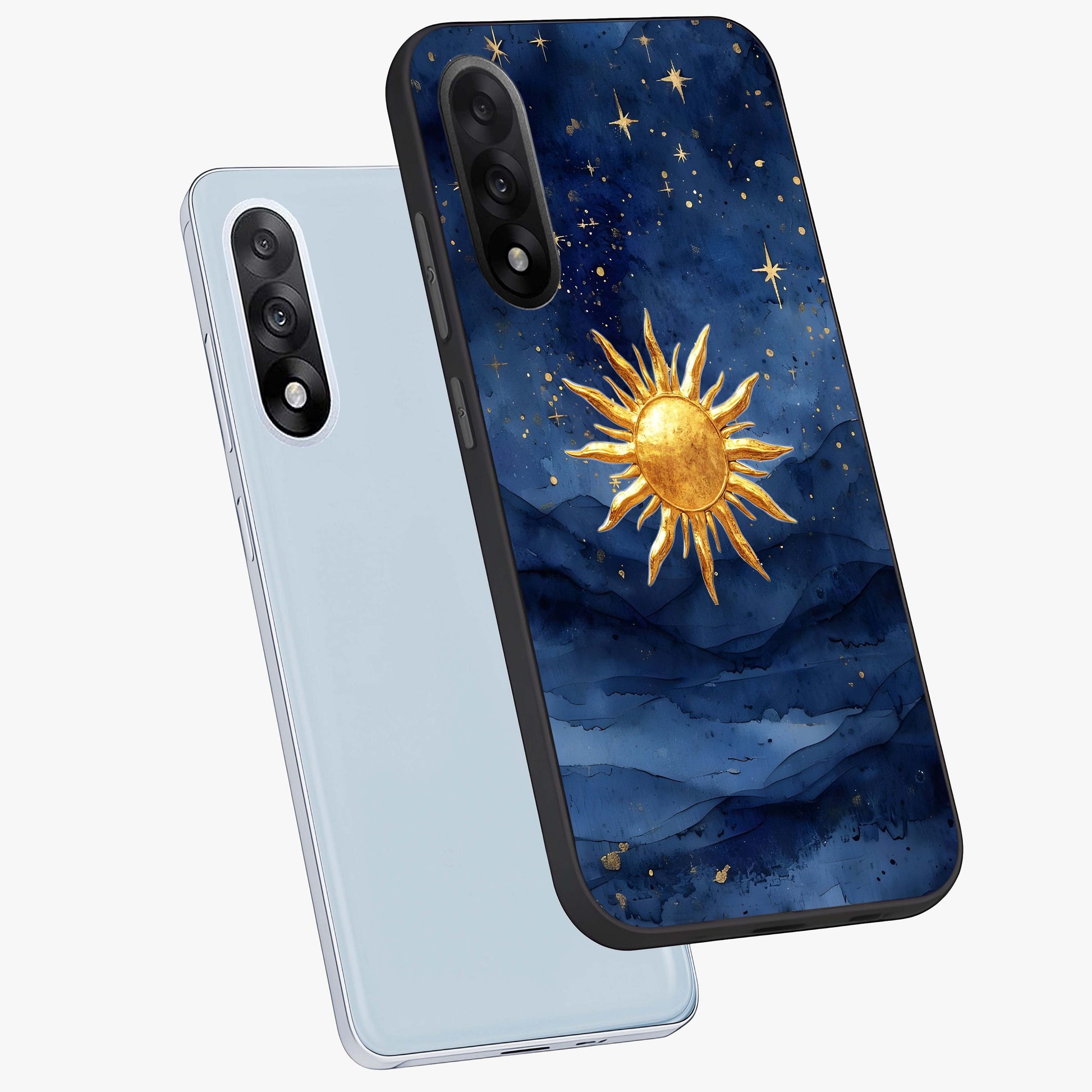 Celestial Blue Glow Glass Case for 1+Nord 5 angled mockup showcasing glossy finish and luminous celestial tones