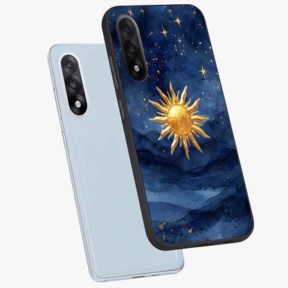 Celestial Blue Glow Glass Case for 1+Nord 5 angled mockup showcasing glossy finish and luminous celestial tones