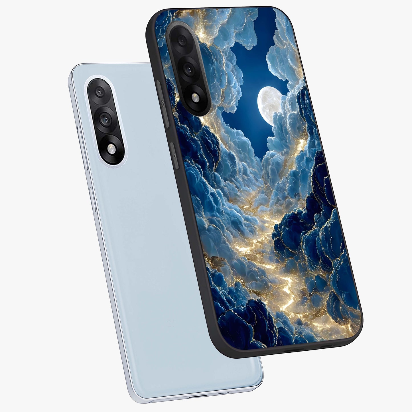 Celestial Cloud Path Glass Case for 1+Nord 5 angled mockup showcasing glossy finish and soft celestial gradients