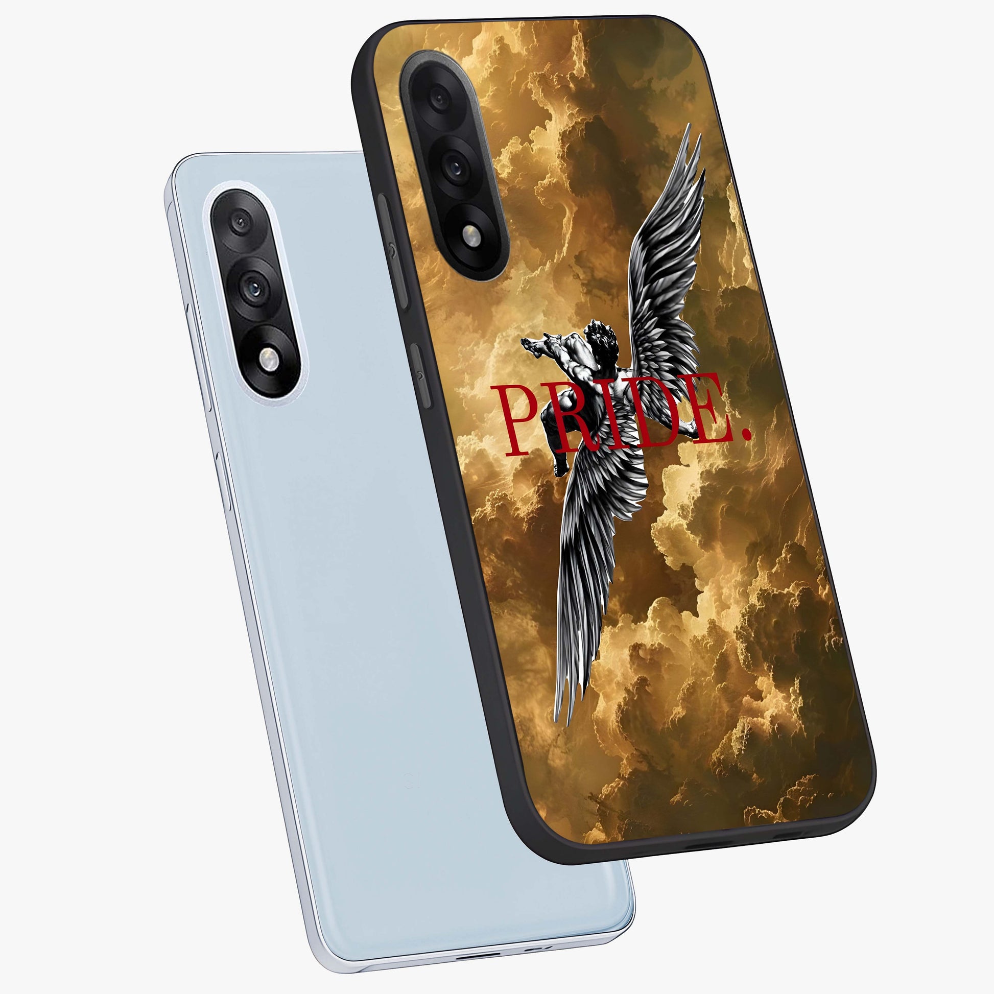 Celestial Fallen Pride Glass Case for 1+Nord 5 angled mockup showcasing glossy glass finish and intense night sky detailing