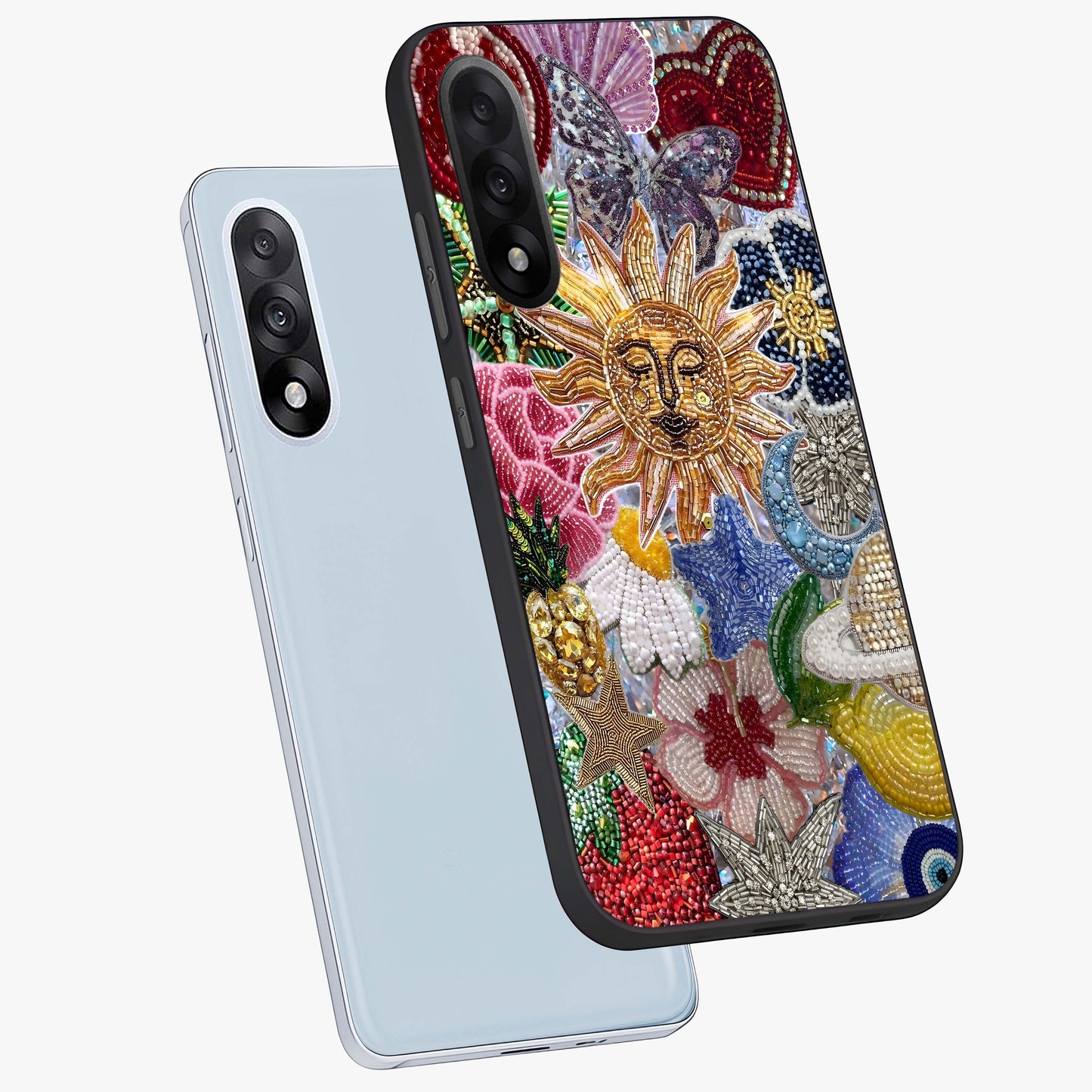 Celestial Floral and Playful Glass Case for 1+Nord 5 angled mockup showcasing glossy finish and colorful celestial detailing