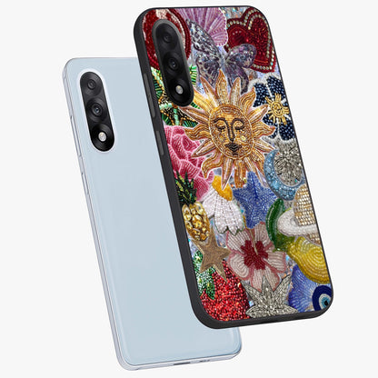 Celestial Floral and Playful Glass Case for 1+Nord 5 angled mockup showcasing glossy finish and colorful celestial detailing