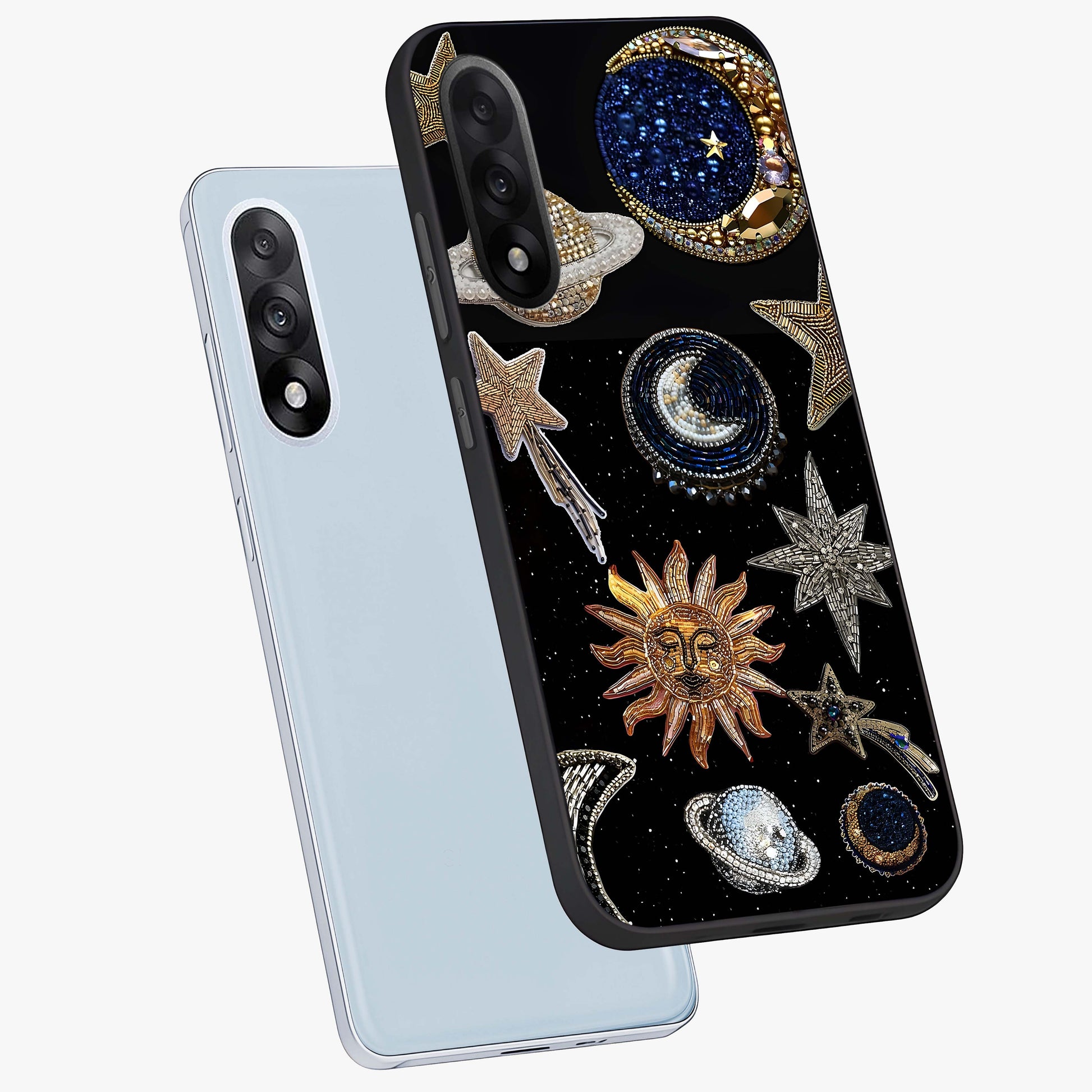 Celestial Gem Constellations Glass Case for 1+Nord 5 angled mockup showcasing glossy finish and sparkling cosmic design