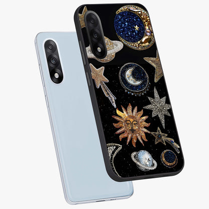 Celestial Gem Constellations Glass Case for 1+Nord 5 angled mockup showcasing glossy finish and sparkling cosmic design