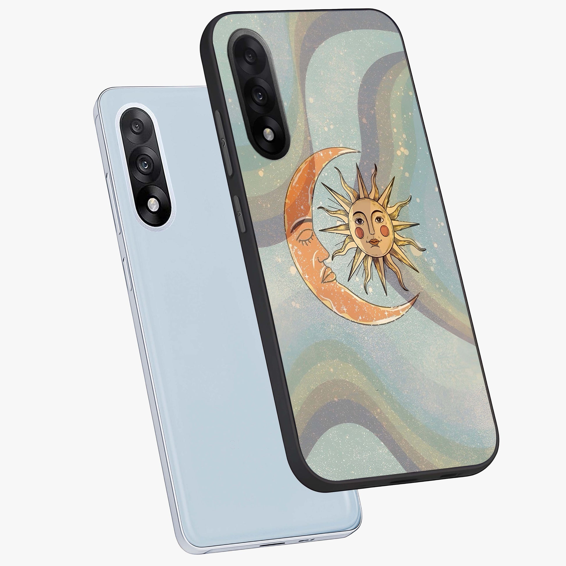 Celestial Harmony Vibes Glass Case for 1+Nord 5 angled mockup showcasing glossy finish and smooth celestial gradients