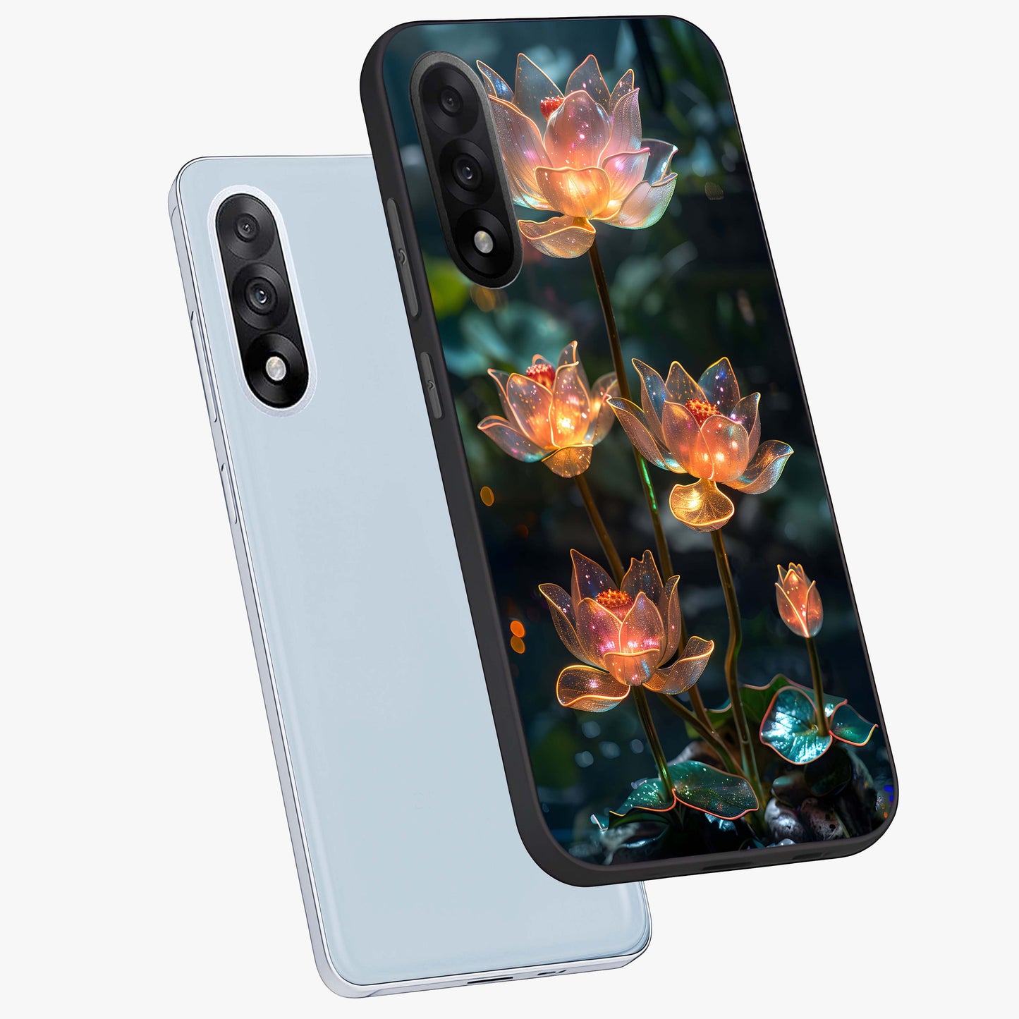 Celestial Lotus Light Glass Case for 1+Nord 5 angled mockup showcasing glossy finish and radiant celestial tones